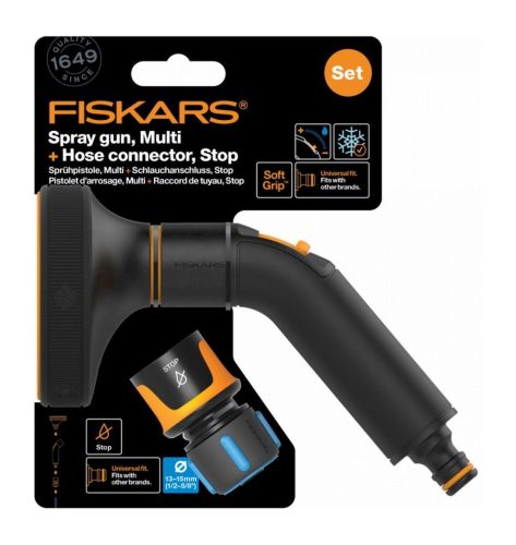 Fiskars 1057609 Comfort locsolópisztoly, multi + CF tömlőcsatlakozó 13-15mm, STOP