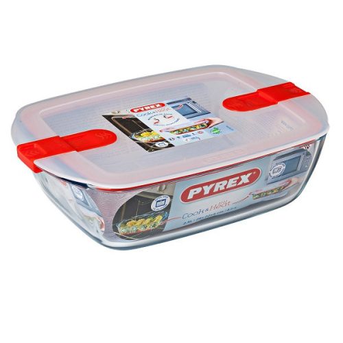 PYREX 203227 Cook & Heat téglalap sütőtál, műanyag tetővel 28x20x8 cm 2,5l