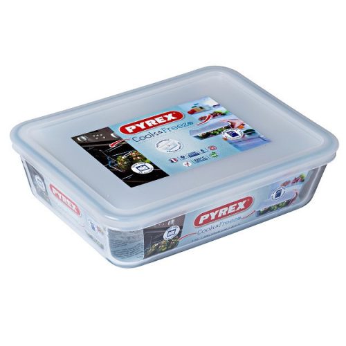 PYREX 203230 Cook & Freeze téglalap sütőtál, műanyag tetővel 22x17x6 cm 1,5l
