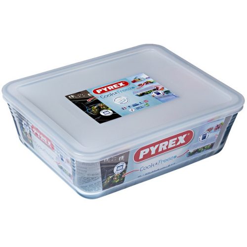 PYREX 203232 Cook & Freeze téglalap sütőtál, műanyag tetővel 27x22x9 cm 4l