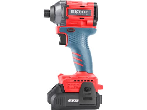 Extol 8891814 Premium akkus ütvecsavarozó, Share20V, szénkefementes, 1/4" hatszög, Li-ion; 20V akku: 2 Ah, töltő, 230 Nm