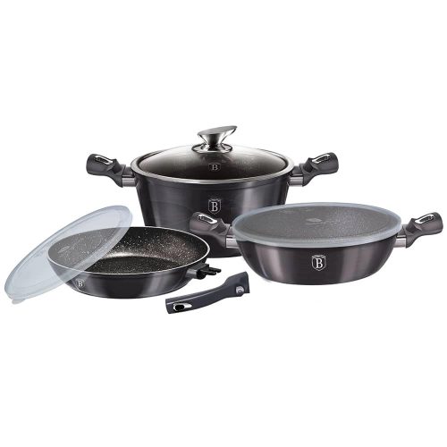 Berlinger Haus BH/7052 Carbon Pro Edition edény és serpenyő készlet fedővel és levehető nyéllel, 7 részes, indukciós, márvány bevonat