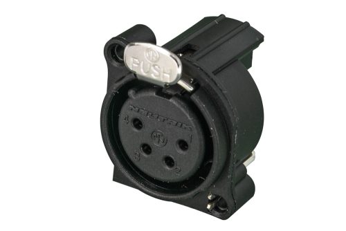 Neutrik NC4FAH 4 pólusú, mama XLR dugaszalj, földelés: föld / burkolati érintkező nélkül, horizontális PCB foglalat. Lehetséges színkódolni.