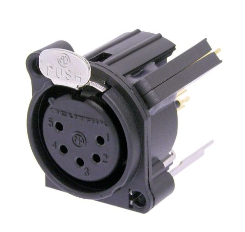 Neutrik NC5FAV 5 pólusú, mama XLR dugaszalj, földelés: föld / burkolati érintkező nélkül, vertikális PCB foglalat.