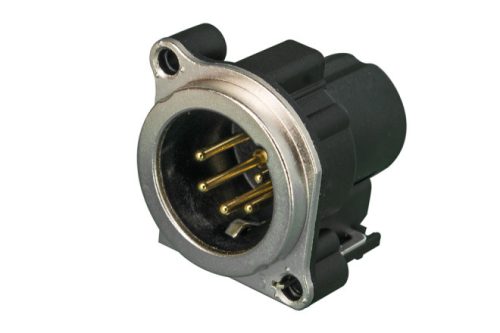 Neutrik NC5MBV 5 pólusú, papa XLR dugaszalj, földelés: külön föld kontakt a burkolat és az elülső panel között, vertikális PCB foglalat.
