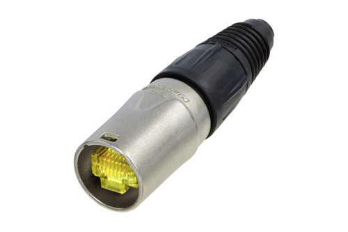 Neutrik NE8MX-1 RJ45 csatlakozó hordozó, nem előszerelt RJ45 csatlakozók számára. Nikkelezett  ház, kábel tehermentesítővel és törésgátlóval. 3,5-8 mm külső átmérőjű kábelekhez használható