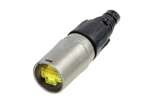 Neutrik NE8MX RJ45 csatlakozó hordozó, előszerelt RJ45 csatlakozó számára. Nikkelezett ház, kábel tehermentesítővel és törésgátlóval