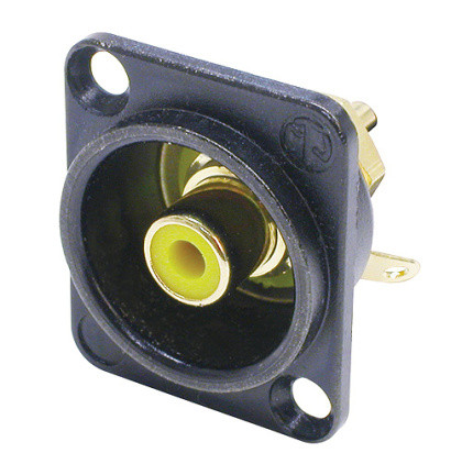 Neutrik NF2D-B-4 Phono foglalat fekete, króm, D-alakú házban, sárga szigetelő alátét, forrasztható verzió.