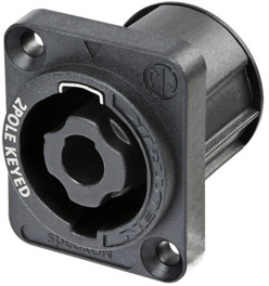 Neutrik NL2MPXX 2 pólusú vázcsatlakozó, fekete D-méretű perem, martfuratú lyukak, 4.7mm lapos fülek. Nem működik együtt a 4-pólusú kábelcsatlakozóval.