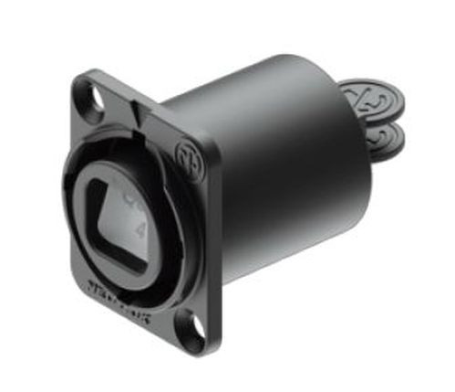 Neutrik NO4FDW-A opticalCON Quad, vázcsatlakozó, króm burkolat, IP65, elülső panelrögzítés.
