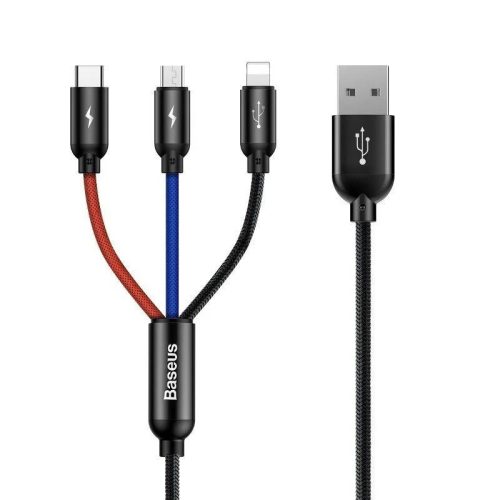 Baseus CAMLT-ASY01 3 az 1-ben USB-C / Lightning / Micro-USB kábel, 3.5A, 0.3 m (fekete)