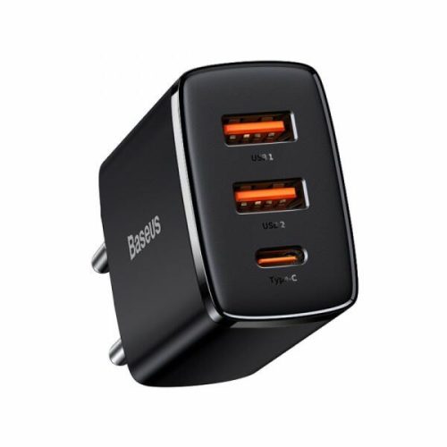 Baseus Compact gyorstöltő, hálózati adapter 2xUSB, USB Type-C, PD, 3A, 30 W, fekete (CCXJ-E01)