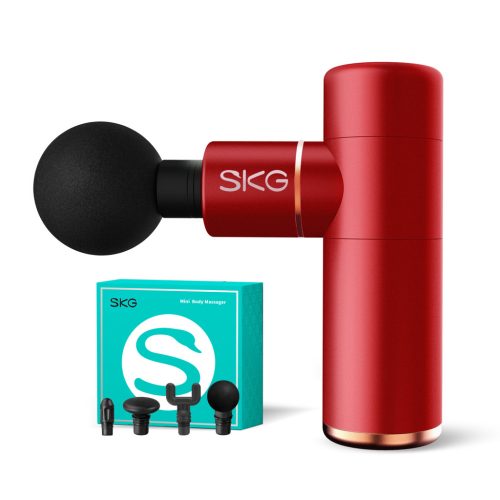 SKG F3 Mini masszázspisztoly, 4 fokozat, 4 cserélhető fej, akkumulátoros, piros