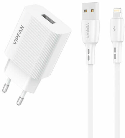Vipfan E01S-LT hálózati adapter, USB, 2,4A, + USB - Lightning kábel, fehér