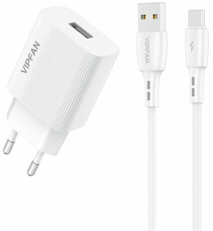 Vipfan E01S-TC hálózati adapter, USB, 2,4A, + USB - USB-C kábel, fehér