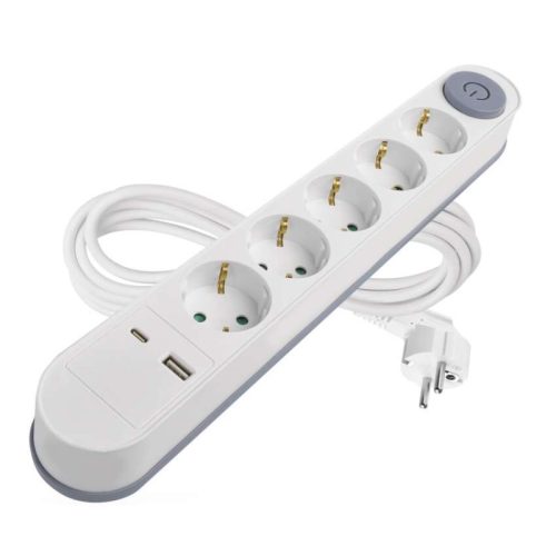 Emos P1523PD hálózati elosztó, lábkapcsolós, 5 földelt aljzat, USB-A és C, 3méter, 3x1.5mm2, max.250V/16A, gyerekzár, fehér