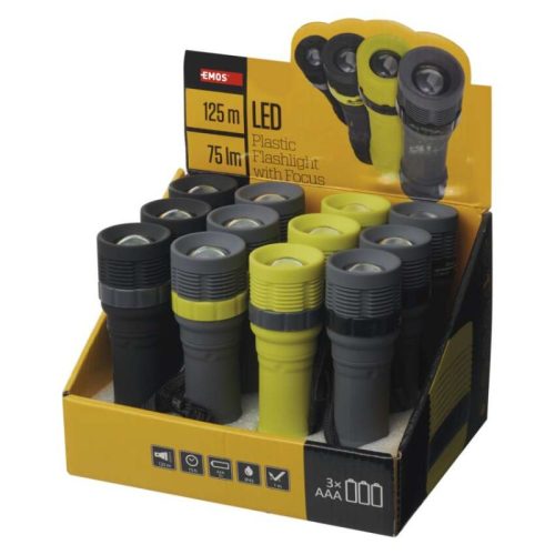 EMOS LED zseblámpa 3W 75lm 3xAAA fókuszálható 12db, display box (P4703)