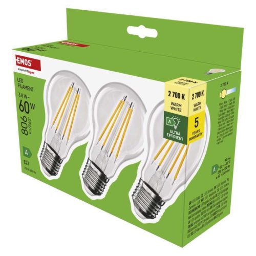 Emos ZF5147.3 60 W / 806 lm / meleg fehér  LED izzó Filament A60 A CLASS/ E27 / 3,8 W (3 darabos kiszerelésben rendelhető, az ár darabonként értendő)