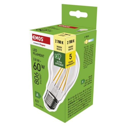 Emos ZF5147 60 W / 806 lm / meleg fehér  LED izzó Filament A60 A CLASS/ E27 / 3,8 W 