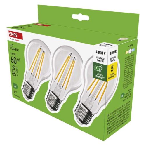 Emos ZF5148.3 60 W / 806 lm / természetes fehér  LED izzó Filament A60 A CLASS/ E27 / 3,8 W (3 darabos kiszerelésben rendelhető, az ár darabonként értendő)