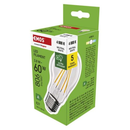 Emos ZF5148 60 W / 806 lm / természetes fehér  LED izzó Filament A60 A CLASS/ E27 / 3,8 W 