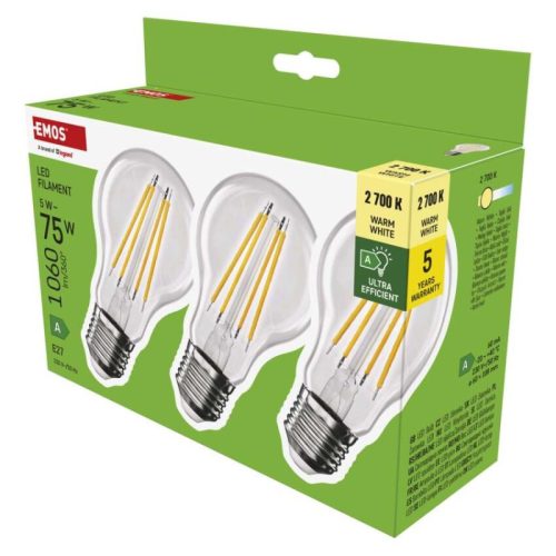 Emos ZF5157.3 75 W / 1 060 lm / meleg fehér  LED izzó Filament A60 A CLASS/ E27 / 5 W (3 darabos kiszerelésben rendelhető, az ár darabonként értendő)