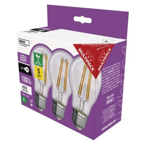Emos ZF5158.3 75 W / 1 060 lm / természetes fehér  LED izzó Filament A CLASS A60 / E27 / 5 W (3 darabos kiszerelésben rendelhető, az ár darabonként értendő)