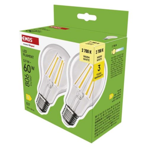 Emos ZF5D42.2 60 W / 806 lm / Meleg fehér LED izzó Filament A60 / E27 / 5,9 W (2 darabos kiszerelésben rendelhető, az ár darabonként értendő)