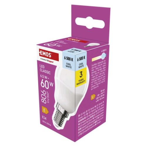 Emos ZQ1E44 60 W / 806 lm / Hideg fehér  LED izzó Classic Mini Globe / E14 / 6,5 W 