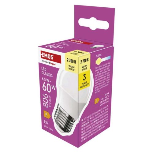 Emos ZQ6E41 60 W / 806 lm / Meleg fehér  LED izzó Classic Mini Globe / E27 / 6,5 W 