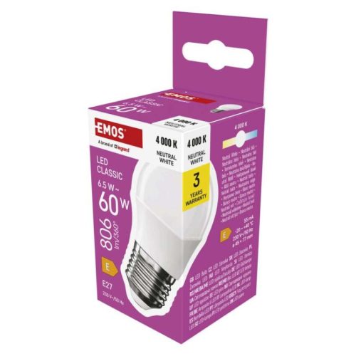 Emos ZQ6E43 60 W / 806 lm / Természetes fehér  LED izzó Classic Mini Globe / E27 / 6,5 W 