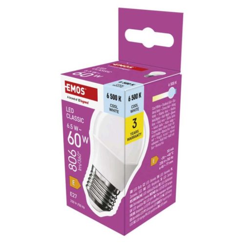 Emos ZQ6E44 60 W / 806 lm / Hideg fehér  LED izzó Classic Mini Globe / E27 / 6,5 W 