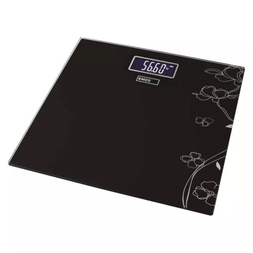 EMOS EV106 digitális személymérleg, 180kg, 100g pontosság, edzett üveg, elemes (CR2032), fekete