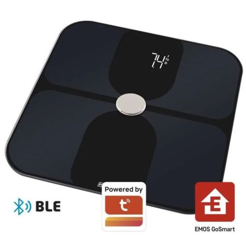 EMOS EV112 GoSmart okos személymérleg, 180kg, 100g pontosság, edzett üveg, elemes (3xAAA), fekete