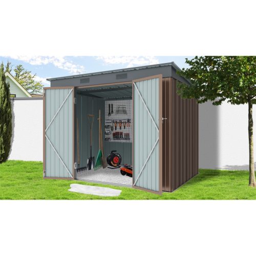 Riwall PRO RMSP 6x8 brown fém kerti tároló 2,4 x 1,8 m lapostetővel (SM-F68K-H158-B)