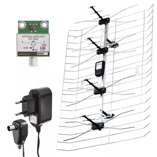 Emos J0666 kültéri erősítős antenna, DVB-T/T2, DAB, 0-100 km, LTE/4G szűrő