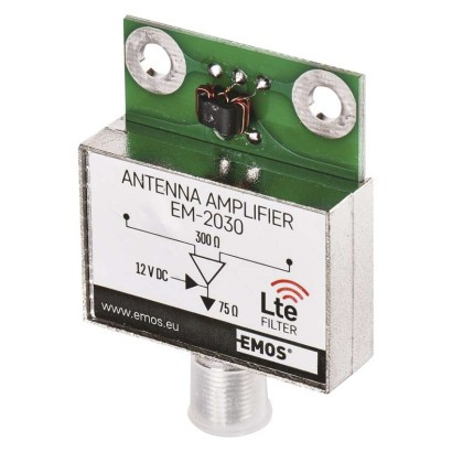 Emos J5803 VHF/UHF antenna előerősítő, 30dB, árnyékolt, 5–260 MHz, 470–790 MHz, IP45, F csatlakozó