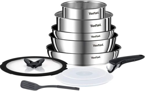 Tefal L897SA74 Ingenio Emotion edény és serpenyő készlet fedővel, 10 részes, levehető nyél, rozsdamentes acél, tapadásmentes titán bevonat