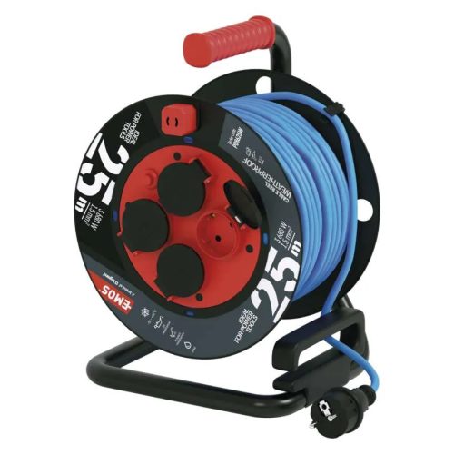 EMOS P08625W időjárásálló kábeldob, 3 aljzat, 25méter, 3x1,5mm2, 230V, 16A, IP44, kültéri, szilikon burkolat, kék