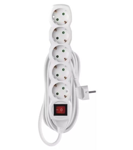 EMOS P1525R hálózati elosztó, 5 aljzat, 5méter, 3x1,5mm2, 250V, 16A, kapcsolható, fehér
