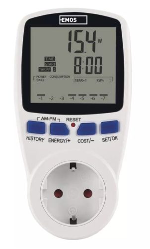 Emos P5822 (FHT 9999) fogyasztásmérő, max.16A, 3680W, fehér