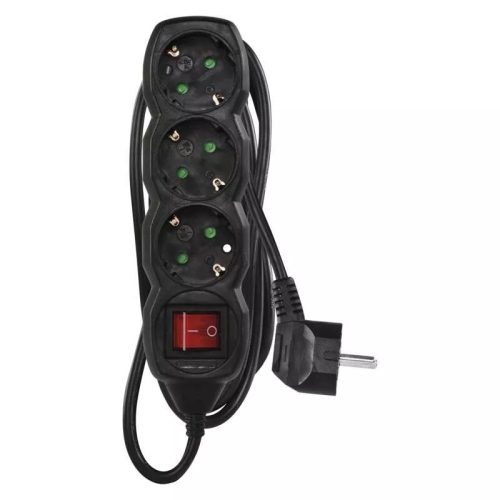 Emos PC1321 hálózati elosztó, kapcsolós, 3 aljzat, 1,5méter, 3x1mm2, 250V, 16A, fekete