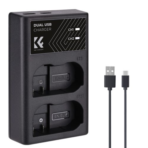 K&F Concept hordozható dupla MH-25 akkumulátor töltő, USB-C, 2db EN-EL15 akkumulátorhoz