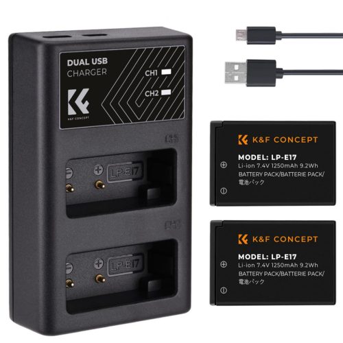 K&F Concept hordozható dupla USB-C akkumulátor LC-E17 töltő + 2db LP-E17 akkumulátor 1250mAh