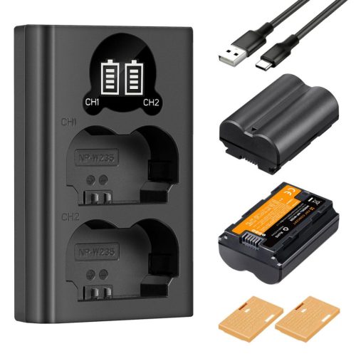 K&F Concept hordozható dupla USB-C akkumulátor NP-W235 töltő + 2db NP-W235 akkumulátor 2200mAh