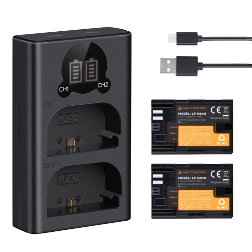 K&F Concept hordozható dupla USB-C akkumulátor LC-E6 töltő + 2db LP-E6NH akkumulátor 2250mAh