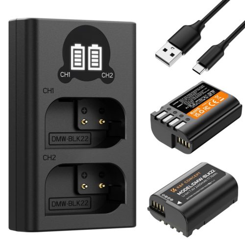 K&F Concept hordozható dupla USB-C akkumulátor DMW-BLK22 töltő + 2db DMW-BLK22 akkumulátor 2400mAh