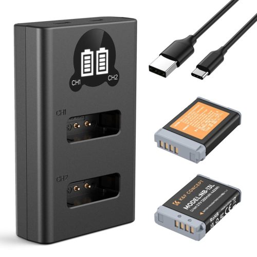 K&F Concept hordozható dupla USB-C akkumulátor CB-2LHE töltő + 2db NB-13L akkumulátor 1250mAh