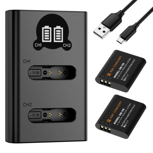K&F Concept hordozható dupla USB-C akkumulátor BJ-11 töltő + 2db DB-110 akkumulátor 1100mAh