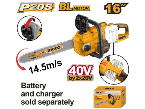 Ingco CGSLI40168 Akkus láncfűrész 400 mm szénkefe nélküli 2 x 20 V (akku és töltő nélkül)